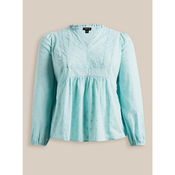 NWT Torrid 3X Canal Blue Clip Dot Mixed Cotton Eyelet Yoke Detail Shirt - Picture 5 of 8